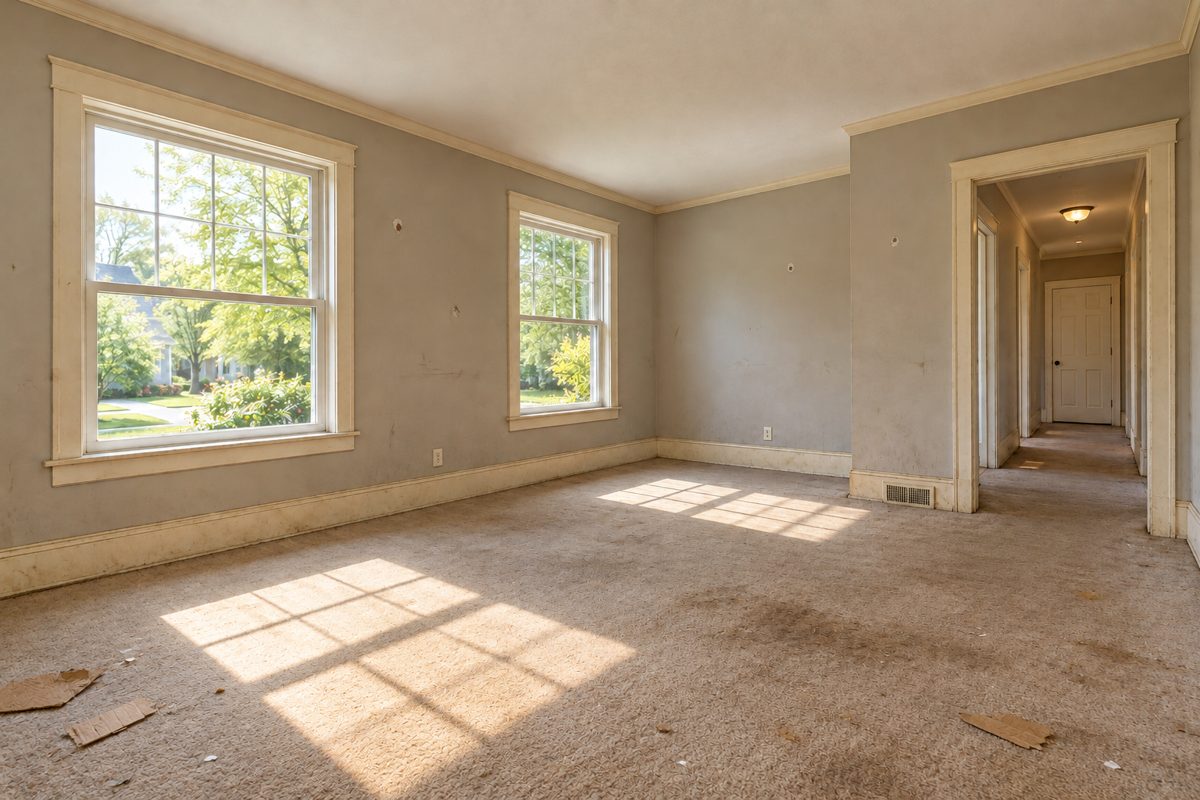 The same living room at move-out: scuffed walls, stained carpet